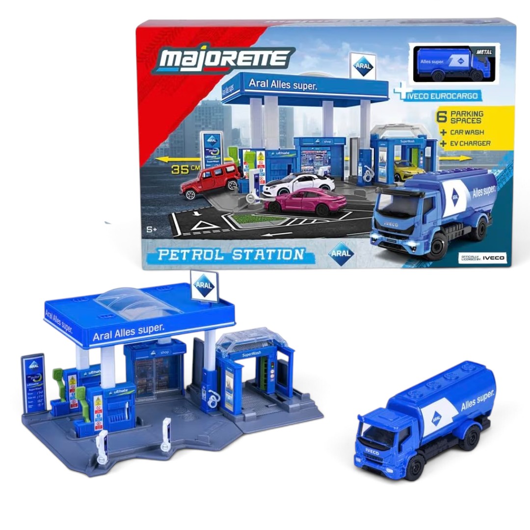 Majorette 1:64 Scale Aral Petrol Station Playset with Iveco Eurocargo Metal Tanker Truck, Car Wash, EV Charger & 6 Parking Spaces – 35 cm, Ages 5+