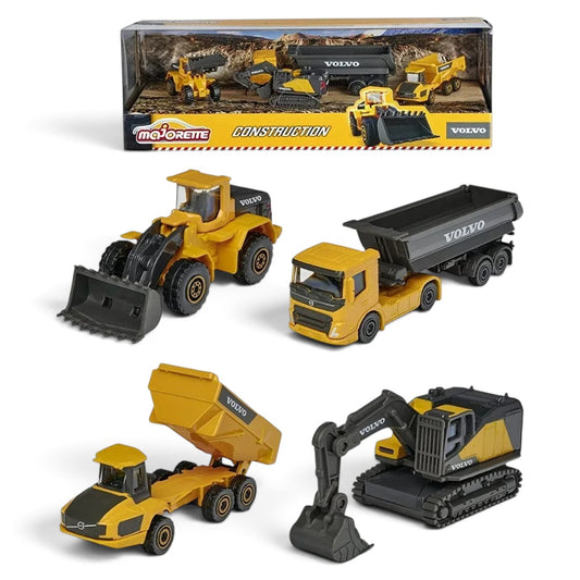 Majorette Volvo Construction 4-Vehicle Gift Pack – 1:64 Scale Die-Cast Excavator, Wheel Loader, Dump Truck & Articulated Hauler