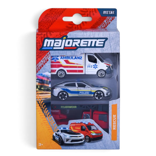 Majorette 1:64 Scale Rescue Emergency Vehicles 3-Piece Set – Die-Cast Ambulance, Police Car & Fire Truck with Free-Wheel Movement, Ages 3+