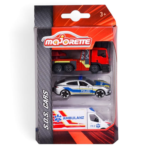 Majorette 1:64 Scale S.O.S. Cars 3-Piece Die-Cast Emergency Vehicle Set – Fire Truck, Police Car & Ambulance, Ages 3+