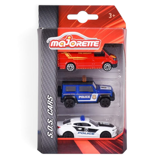 Majorette 1:64 Scale S.O.S. Cars 3-Piece Die-Cast Emergency Vehicle Set – Fire Brigade Van, Police SUV & Police Sports Car, Ages 3+
