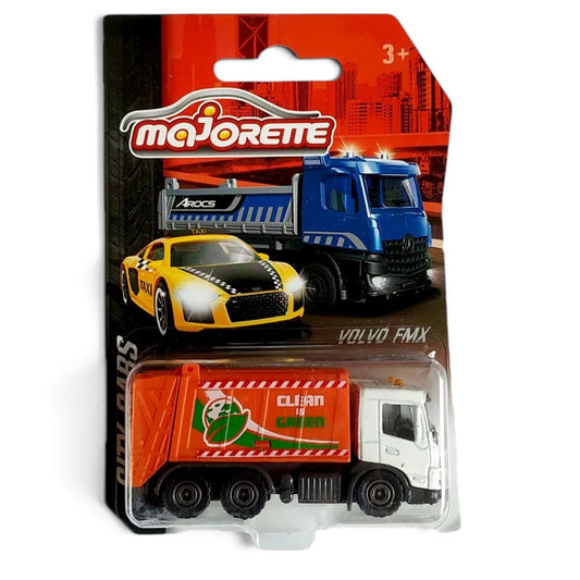 Majorette 1:87 Scale Volvo FMX Clean Is Green Garbage Truck – Die-Cast Metal Free-Wheel Recycling Vehicle, Ages 3+ – White & Orange