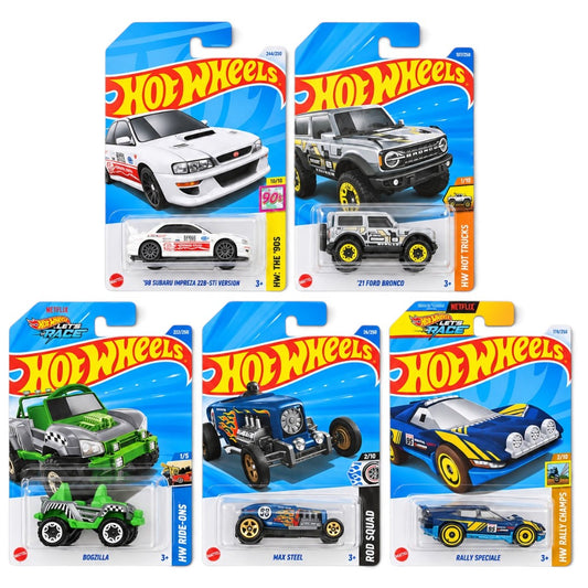 Hot Wheels 1:64 5-Car Die-Cast Set – ’98 Subaru Impreza 22B-STi Version, ’21 Ford Bronco, Bogzilla, Max Steel & Rally Speciale