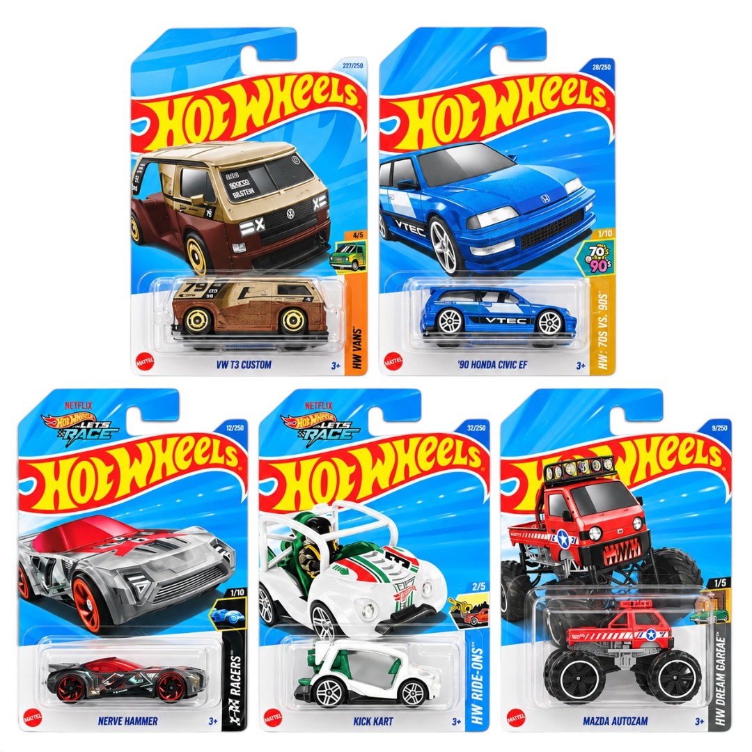 Hot Wheels 1:64 5-Car Die-Cast Set – VW T3 Custom, ’90 Honda Civic EF, Nerve Hammer, Kick Kart & Mazda Autozam