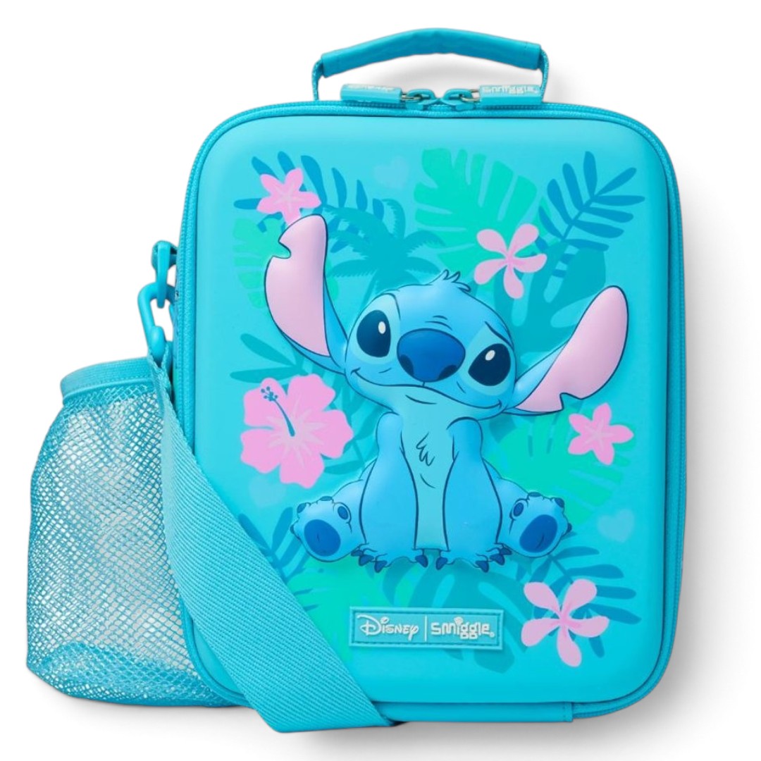 Smiggle Disney Stitch Hardtop Lunch Bag with Shoulder Strap – Insulated Kids Lunch Box with Bottle Holder & Carry Handle – Blue