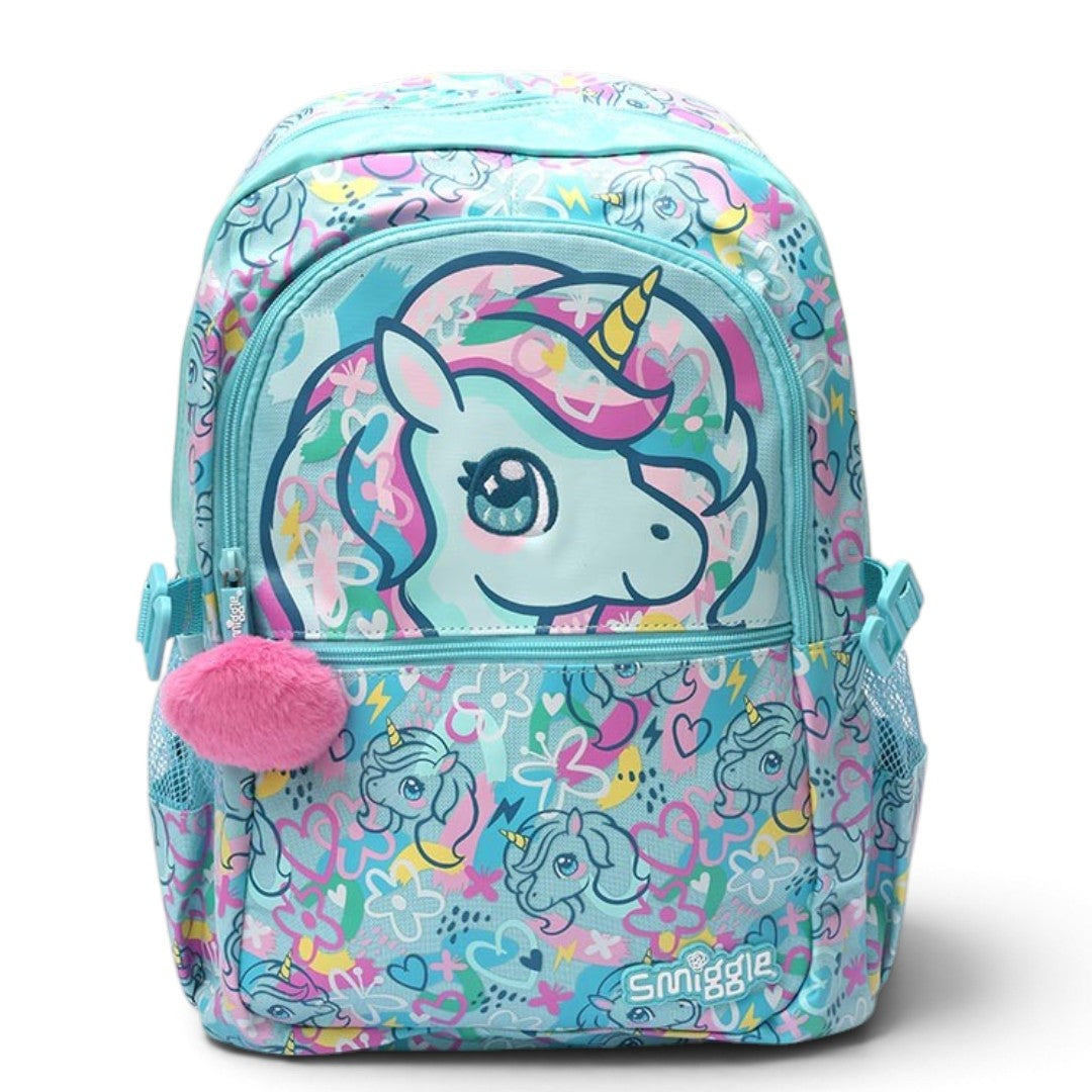 Smiggle 16 Inch Unicorn Kids Backpack – Aqua Blue School Bag with Unicorn Print, Fluffy Pom-Pom & Side Bottle Holders