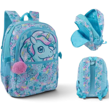 Smiggle 16 Inch Unicorn Kids Backpack – Aqua Blue School Bag with Unicorn Print, Fluffy Pom-Pom & Side Bottle Holders