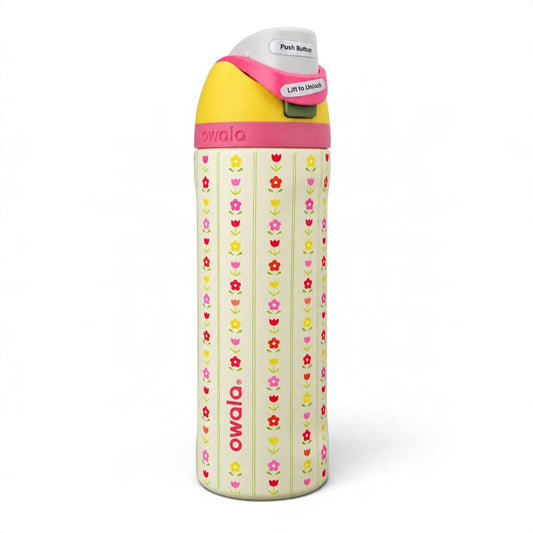 Owala 710ml FreeSip Insulated Water Bottle with Straw & Push-Button Lid – Cream Floral Print with Pink and Yellow Lid