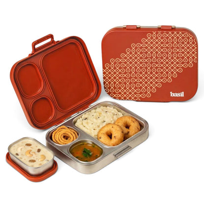 Basil Bento Box Quad Plus 1020ml Stainless Steel Lunch Box with Extra Container – Leak-Proof Tiffin Box for Kids & Adults