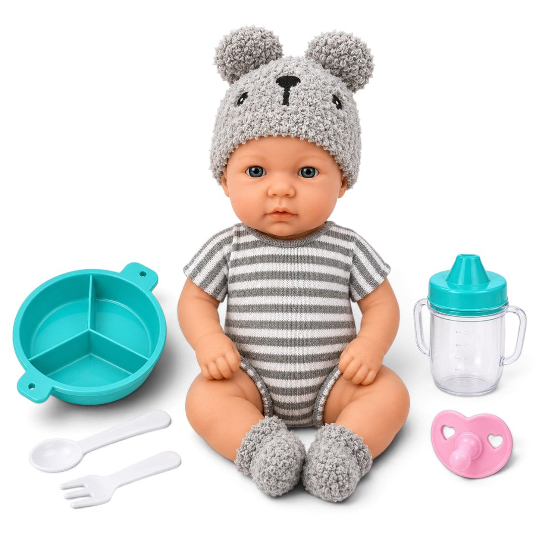 Realistic Baby Doll with Feeding Accessories 12Inch  | Cute Newborn Doll with Outfit, Bear Hat, Feeding Bowl, Spoon, Fork, Sippy Cup & Pacifier | Pretend Play Baby Doll for Kids 18M+
