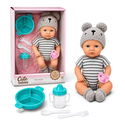 Realistic Baby Doll with Feeding Accessories 12Inch  | Cute Newborn Doll with Outfit, Bear Hat, Feeding Bowl, Spoon, Fork, Sippy Cup & Pacifier | Pretend Play Baby Doll for Kids 18M+