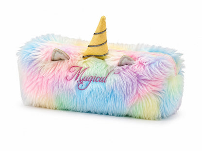 Magical Unicorn Fur Pencil Case for Girls – Soft Plush Furry Stationery Pouch with Zipper, Pastel Rainbow Design