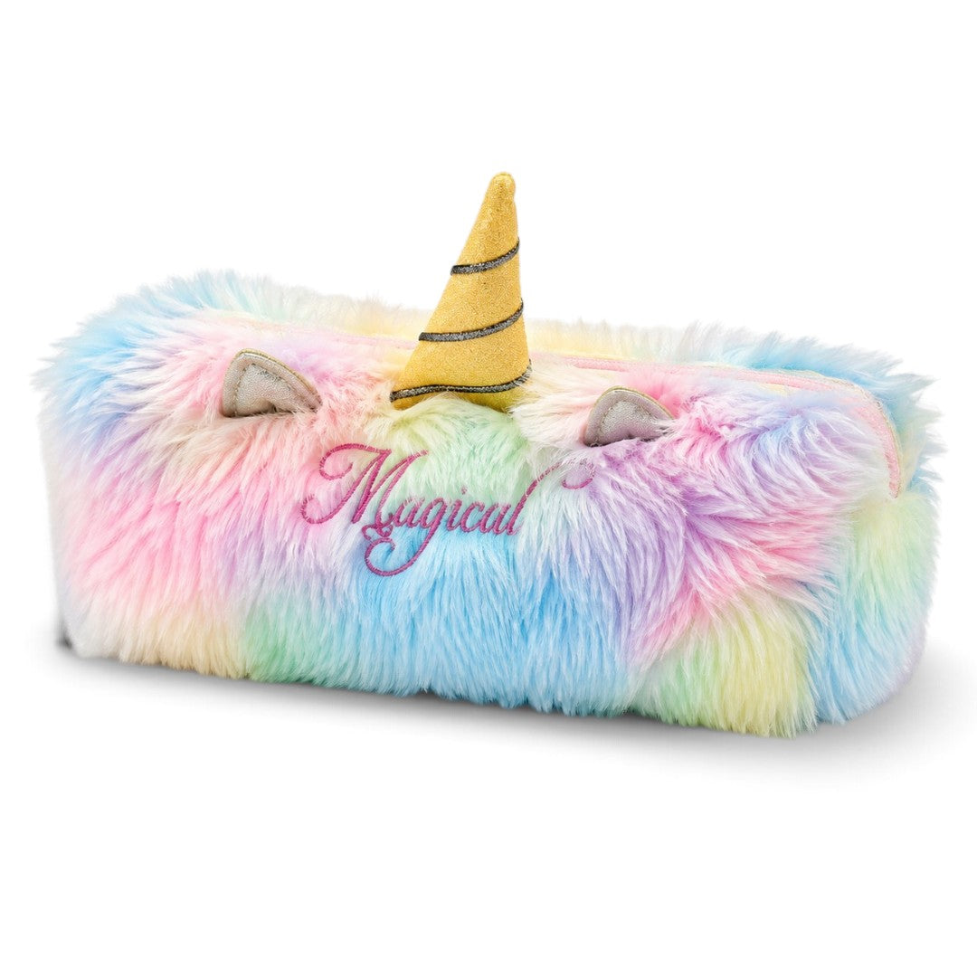 Magical Unicorn Fur Pencil Case for Girls – Soft Plush Furry Stationery Pouch with Zipper, Pastel Rainbow Design