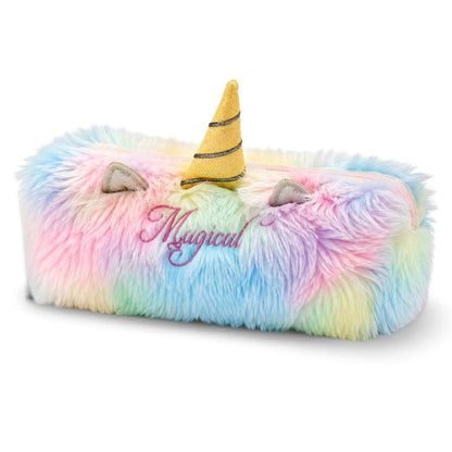 Magical Unicorn Fur Pencil Case for Girls – Soft Plush Furry Stationery Pouch with Zipper, Pastel Rainbow Design