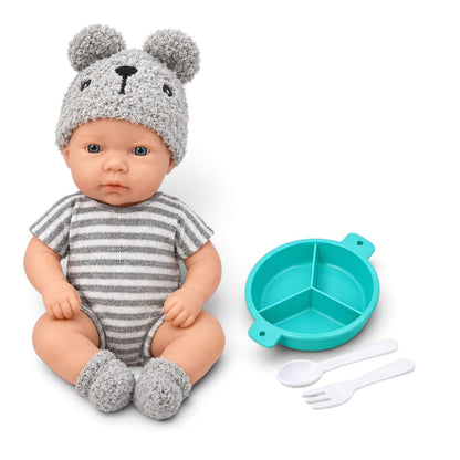 Realistic Baby Doll with Feeding Accessories 12Inch  | Cute Newborn Doll with Outfit, Bear Hat, Feeding Bowl, Spoon, Fork, Sippy Cup & Pacifier | Pretend Play Baby Doll for Kids 18M+