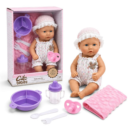 Cute Realistic Baby Doll with Accessories 12-Inch | Cute Baby Doll with Floral Outfit, Bonnet, Feeding Bowl, Spoon, Fork, Sippy Cup & Pacifier | Pretend Play Doll 18M+