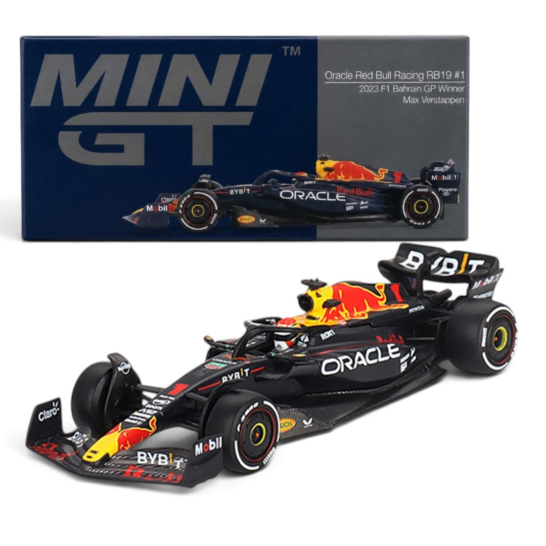 MINI GT 1:64 4-Car Die-Cast Set – Red Bull RB19 Verstappen, Abarth 595 LB-Works, Ford Puma Rally1 & Lancia Stratos HF