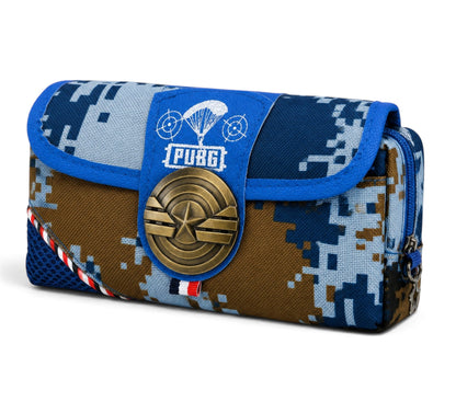 PUBG Camouflage Pencil Case for Kids – Blue & Brown Box-Shaped School Pencil Pouch with Multiple Zippers & Flap Design