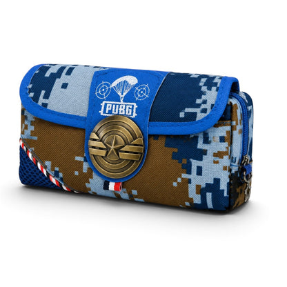 PUBG Camouflage Pencil Case for Kids – Blue & Brown Box-Shaped School Pencil Pouch with Multiple Zippers & Flap Design