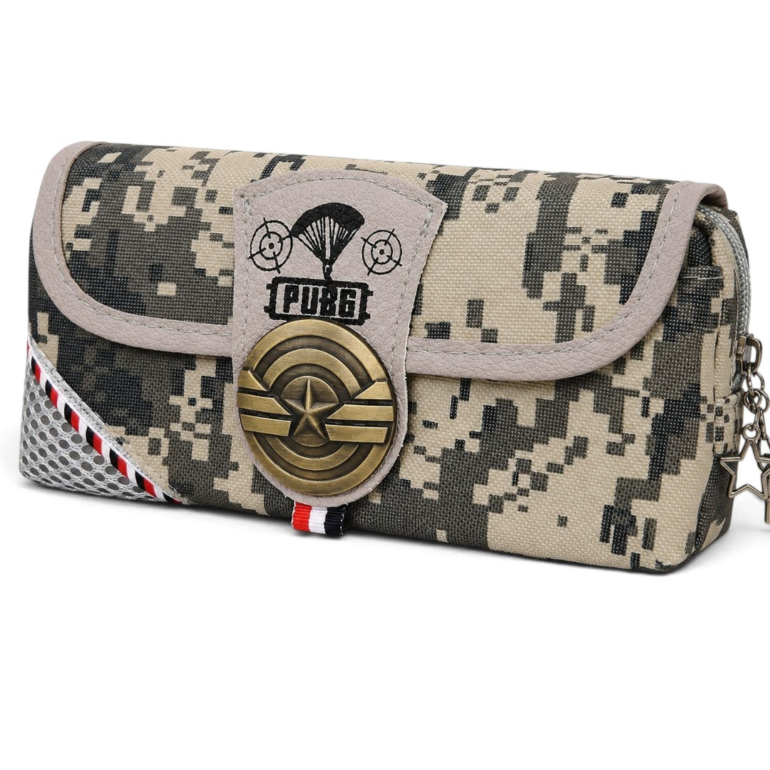 PUBG Camouflage Pencil Case for Kids – Beige & Black Box-Shaped School Pencil Pouch with Zipper Storage & Star Emblem