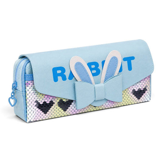 Rabbit Sequin Pencil Case for Girls – Blue Bunny Bow Design Box-Shaped School Pencil Pouch with Zipper & Flip Sequin Design