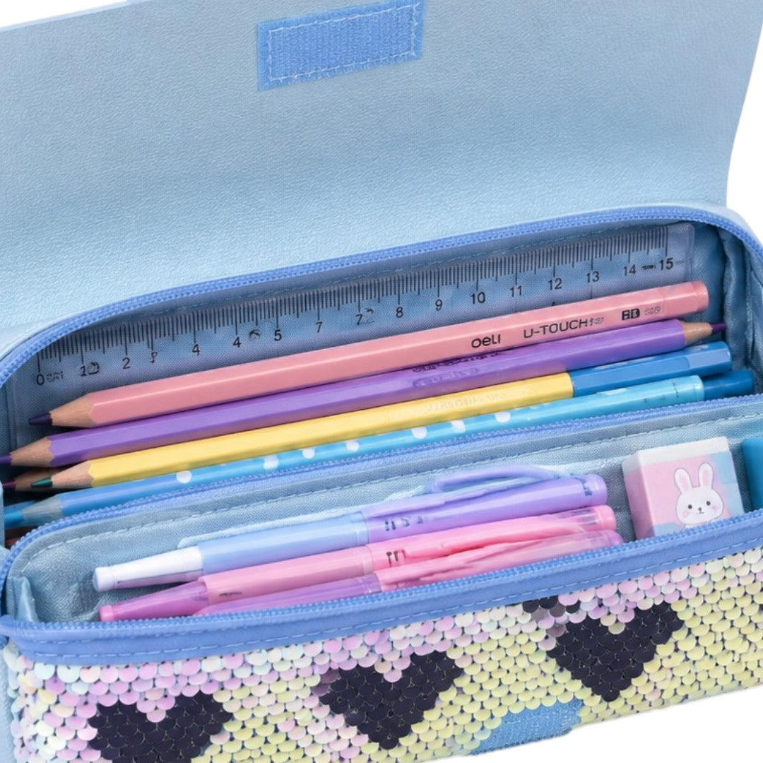 Rabbit Sequin Pencil Case for Girls – Blue Bunny Bow Design Box-Shaped School Pencil Pouch with Zipper & Flip Sequin Design