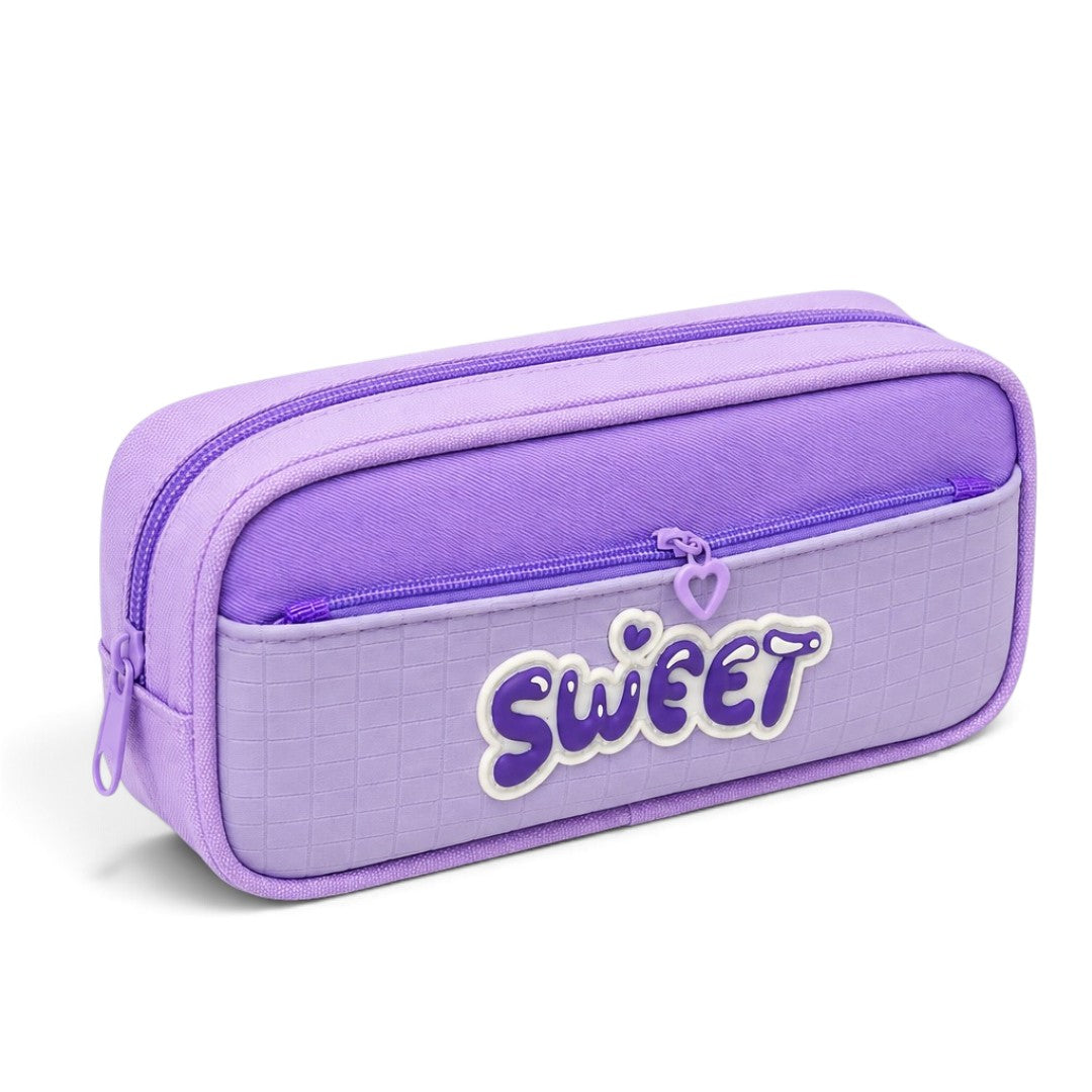 Sweet Pencil Case for Girls – Purple Box-Shaped School Pencil Pouch with Heart Zipper Charm & Front Pocket