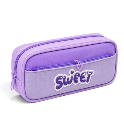 Sweet Pencil Case for Girls – Purple Box-Shaped School Pencil Pouch with Heart Zipper Charm & Front Pocket