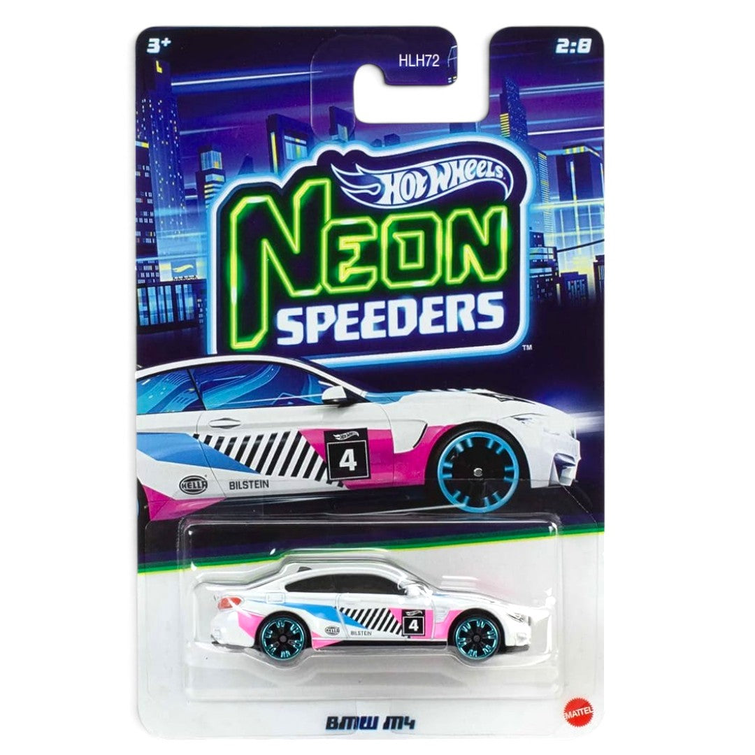 Hot Wheels Neon Speeders 1:64 Die-Cast Car Set of 4 – Nissan GT-R R35, BMW M4, Ford Maverick Custom & Subaru WRX STI