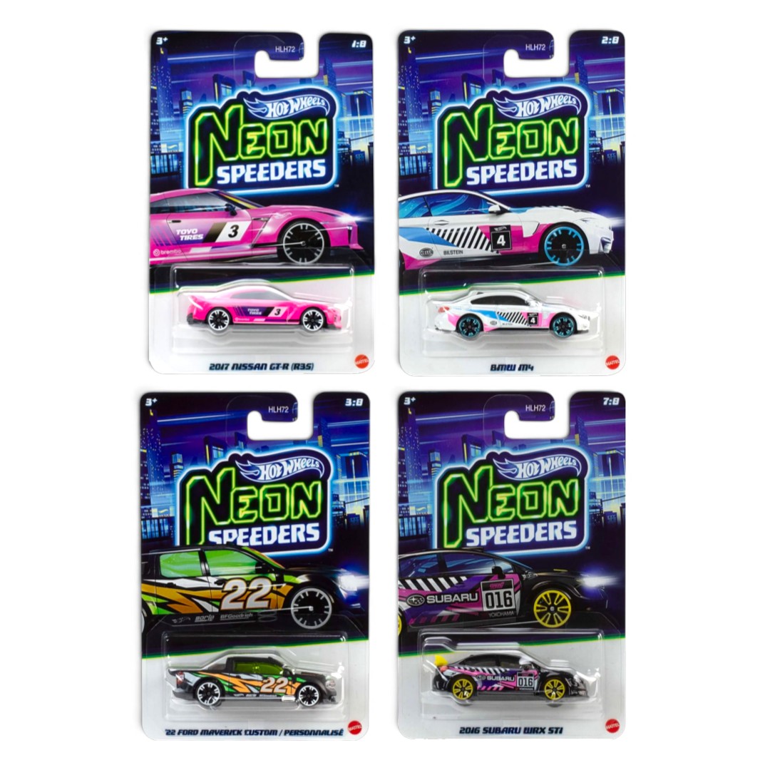 Hot Wheels Neon Speeders 1:64 Die-Cast Car Set of 4 – Nissan GT-R R35, BMW M4, Ford Maverick Custom & Subaru WRX STI