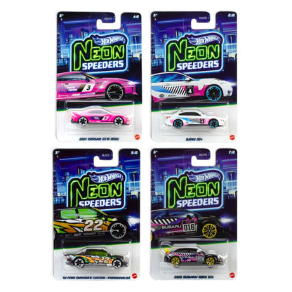 Hot Wheels Neon Speeders 1:64 Die-Cast Car Set of 4 – Nissan GT-R R35, BMW M4, Ford Maverick Custom & Subaru WRX STI