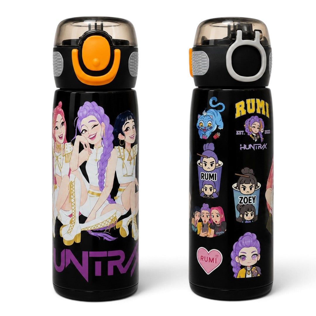 K-Pop Demon Hunters 620ml Vacuum Insulated Stainless Steel Water Bottle with Straw – Black