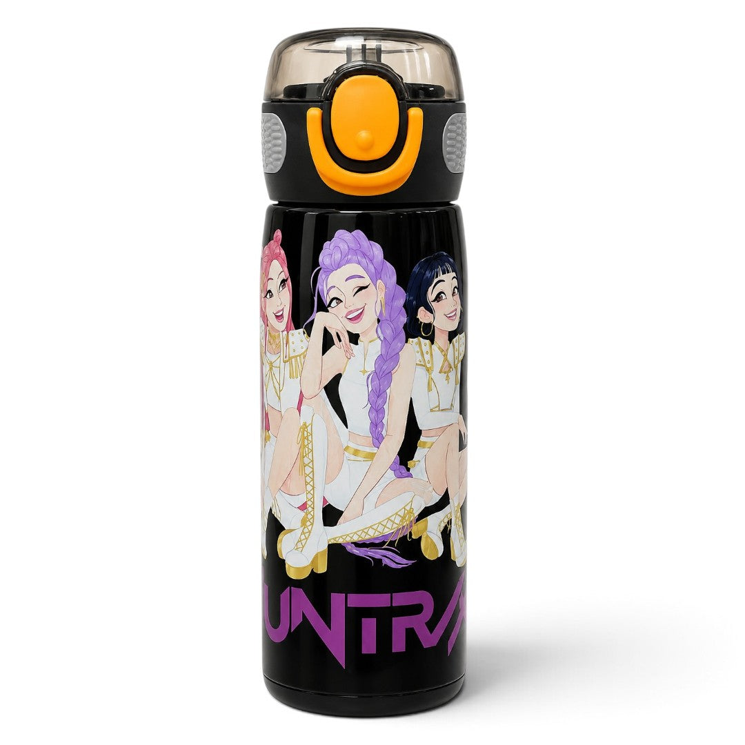 K-Pop Demon Hunters 620ml Vacuum Insulated Stainless Steel Water Bottle with Straw – Black