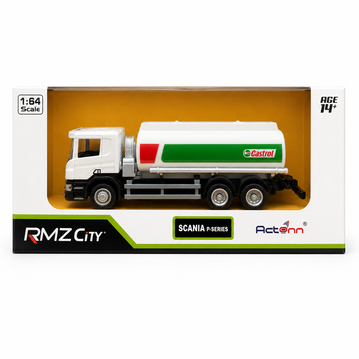 RMZ City 1:64 Scania P-Series Castrol Oil Tanker Truck Die-Cast Model – White & Green