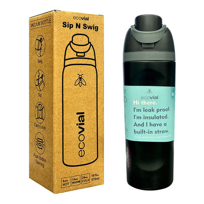 Ecovial 19 OZ - Vacuum Bottle Sip n Swig 570 ML (Black) - Jaiman Toys