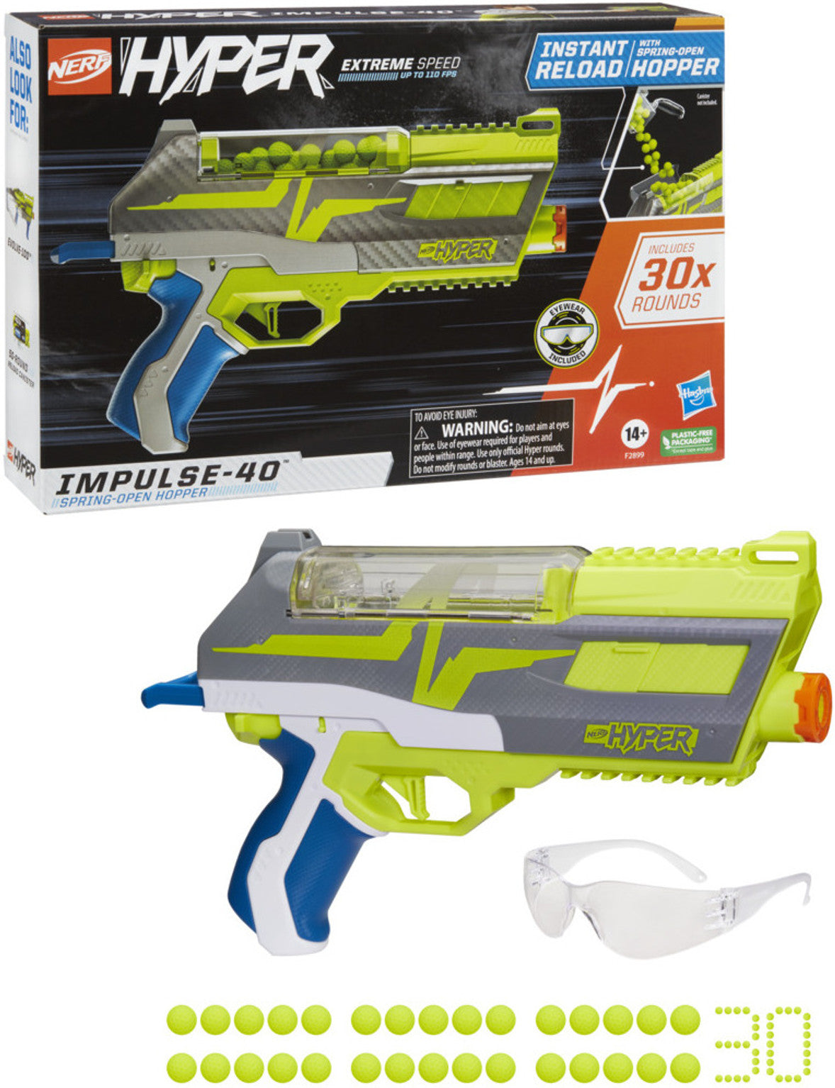 Nerf Hyper Impulse-40 Blaster – 30-Round Capacity with Spring-Open Reload & Eyewear
