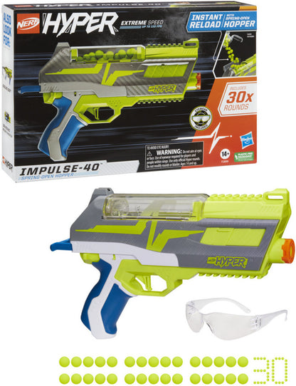Nerf Hyper Impulse-40 Blaster – 30-Round Capacity with Spring-Open Reload & Eyewear
