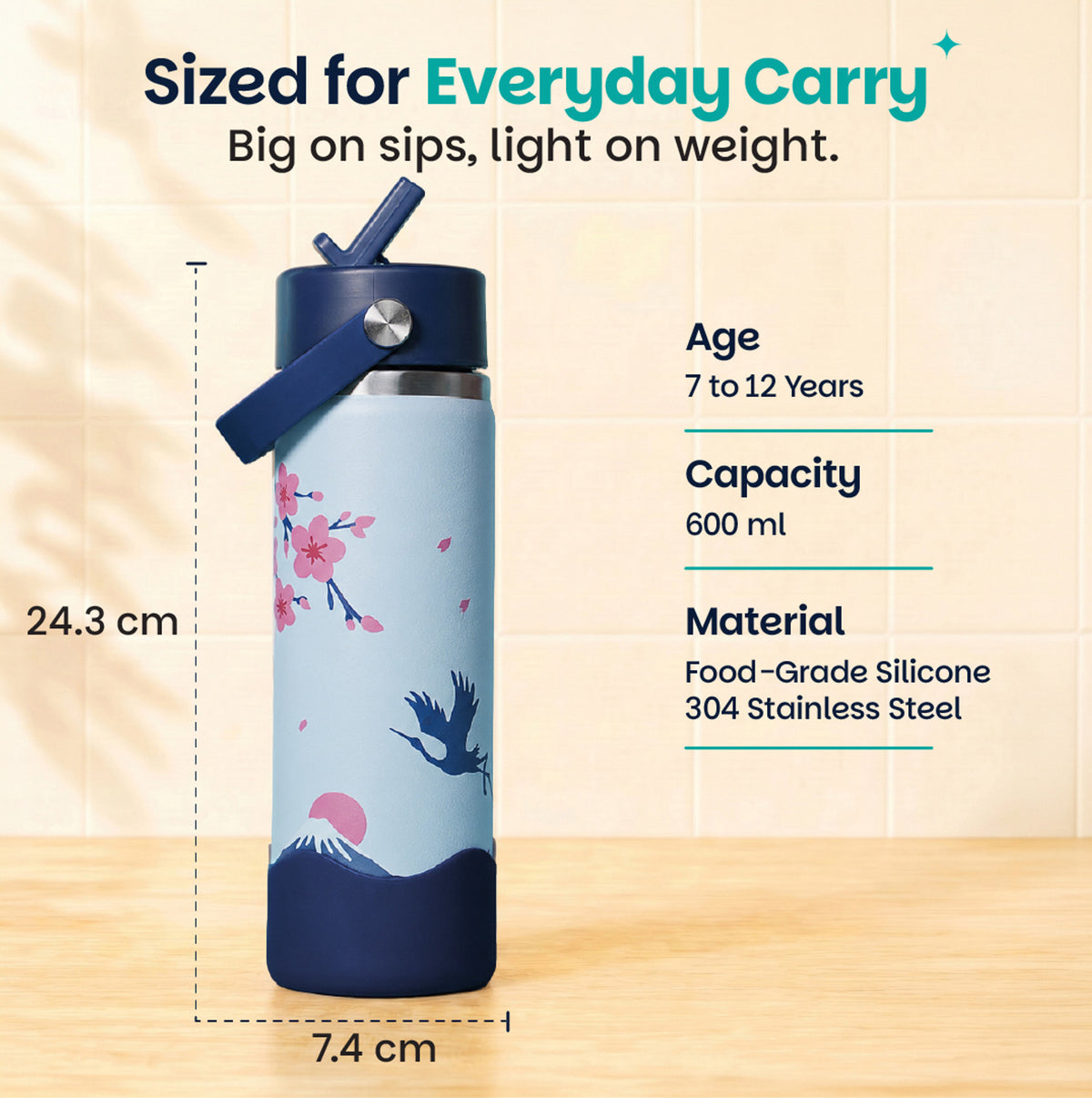 Basil 600ml Kids Stainless Steel Water Bottle with Straw & Carry Handle | 304 Stainless Steel, Food-Grade Silicone Base | Ages 7–12 Years