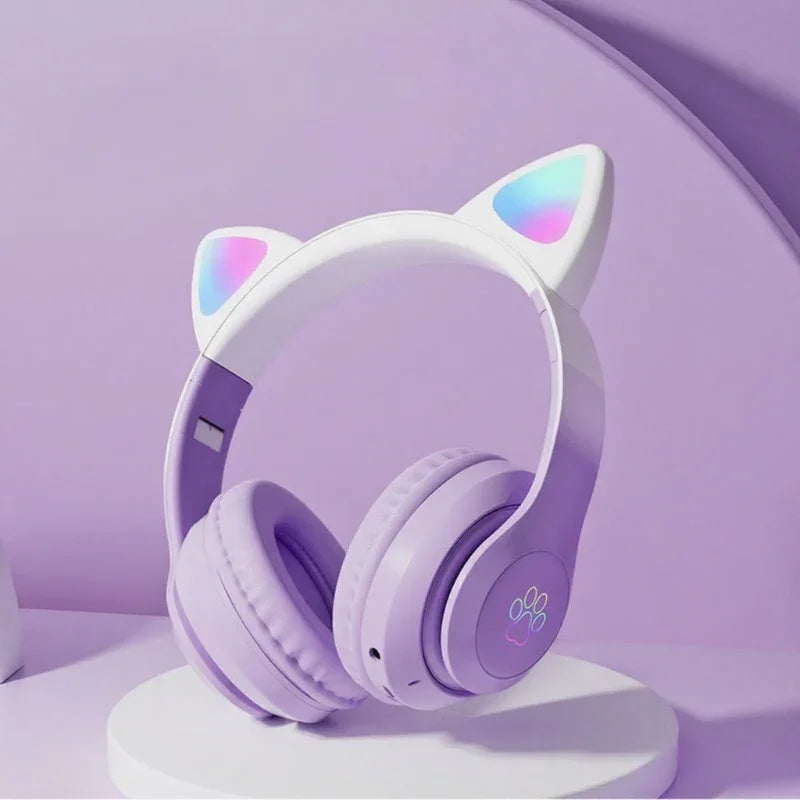 CAT STN-28 Pro Wireless Ear Headphones – Bluetooth 5.3 HiFi Stereo Headset with LED RGB Lights & Mic (Purple) - Jaiman Toys