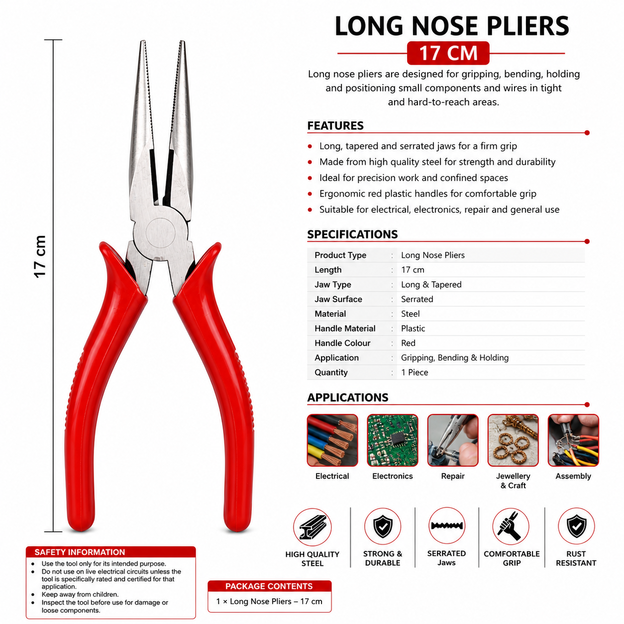 Long Nose Pliers 17 cm | Needle Nose Pliers with Serrated Jaws | Random color Handle