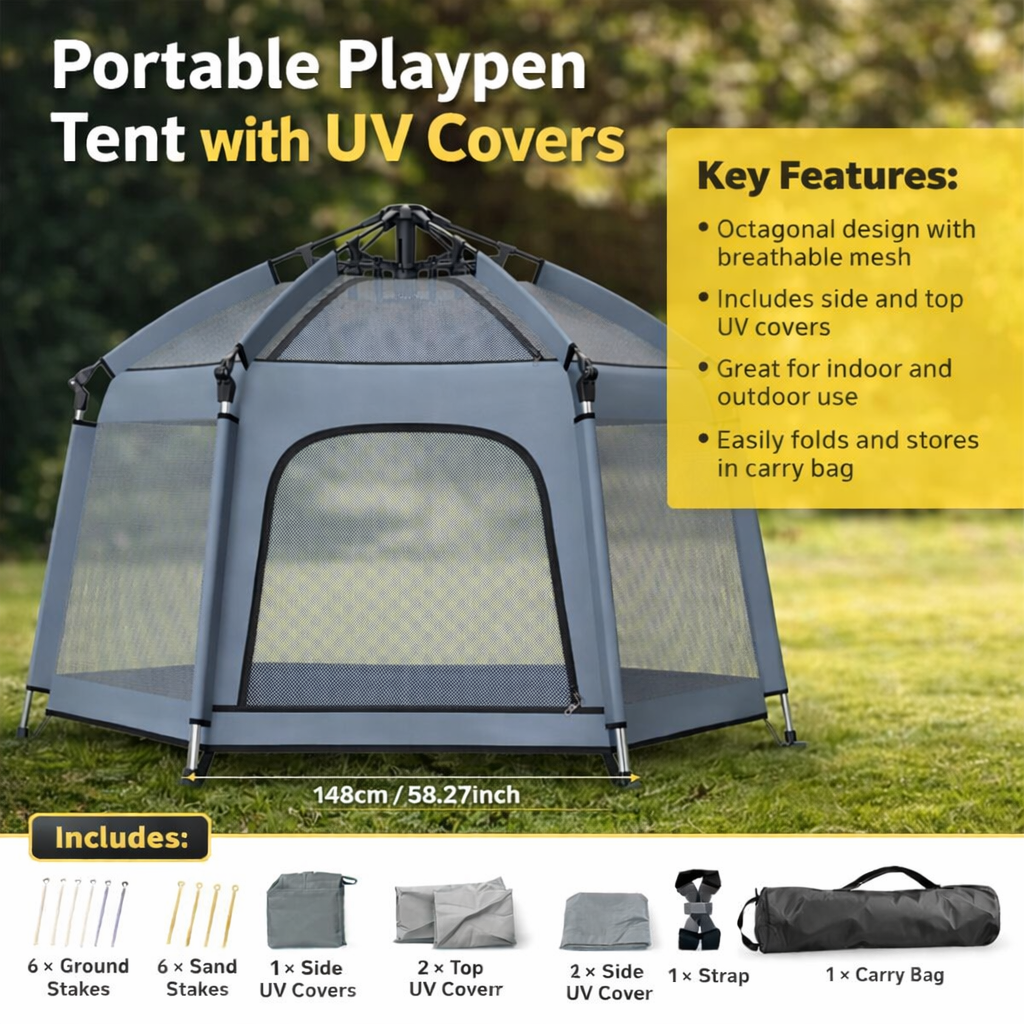 Breatoi Portable Playpen Tent House with UV Covers – Foldable Indoor & Outdoor Mesh Enclosure with Carry Bag (148cm)
