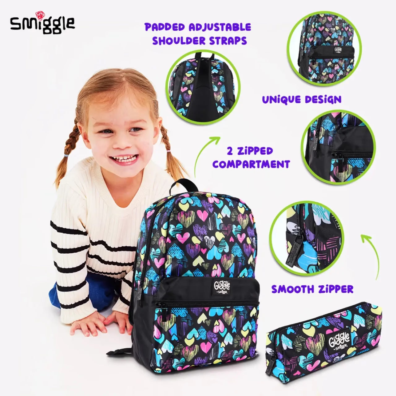 Smiggle Giggle Heart Print Bundle Set (4 Pieces) – Backpack, Lunch Bag, Pencil Case & Water Bottle for Kids 3+