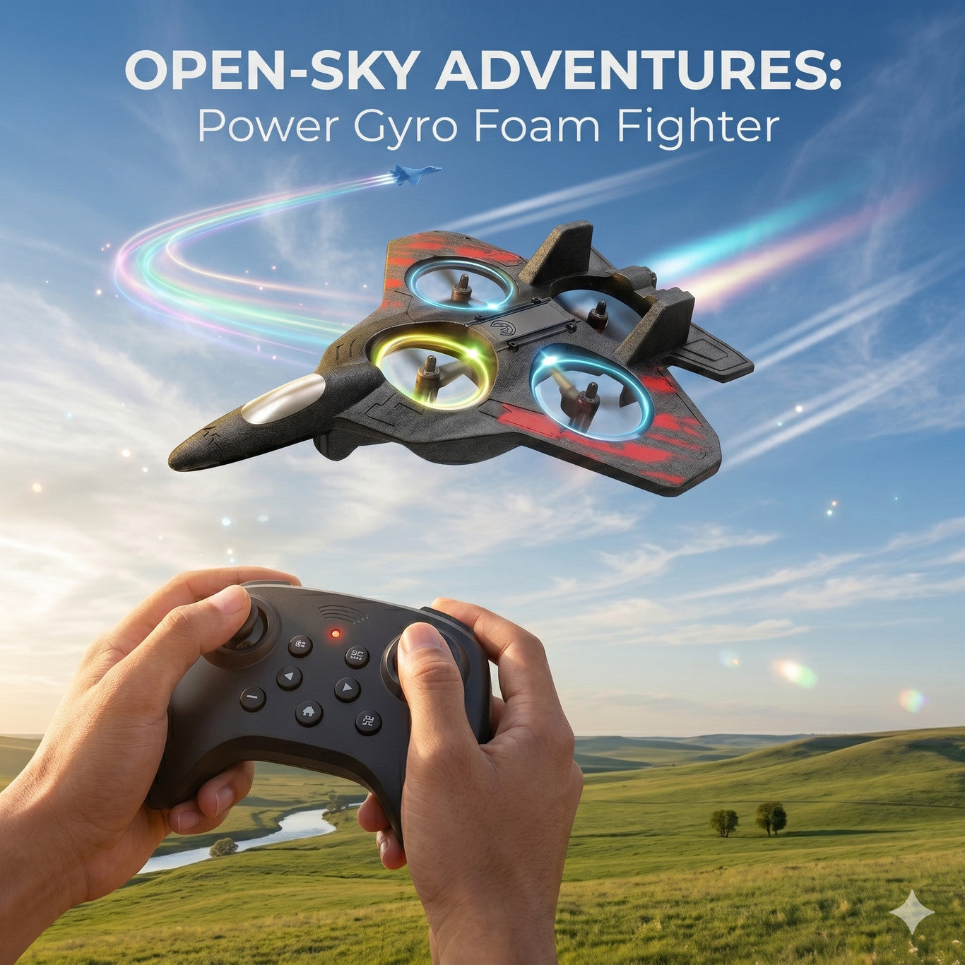 Power Gyro Propeller R/C Foam Fighter Aircraft | 2.4GHz Remote Control Foam Aircraft with Gyroscope Stabilization, LED Lights & USB Rechargeable Battery | Ready-to-Fly RC Jet for Kids & Adults