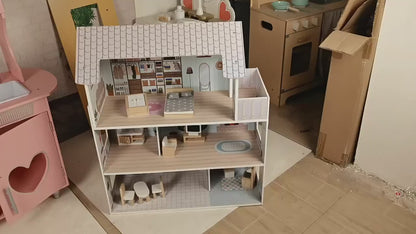 Breatoi Wooden Dollhouse Play Villa – Multi-Level Doll House with Furniture for Kids