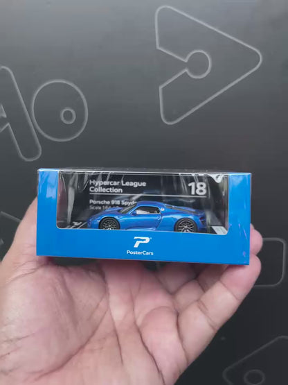 PosterCars 1:64 Porsche 918 Spyder – Sapphire Blue Metallic – Acrylic Box | #H18