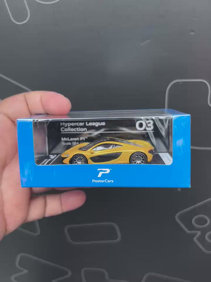 PosterCars H03 – McLaren P1 with Acrylic Box (Volcano Yellow) 1:64 Diecast Car Model