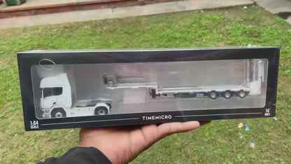 Time Micro 1:64 Scania Flatbed Transport Vehicle Diecast Model | Premium Metal Transporter with Display Base - White