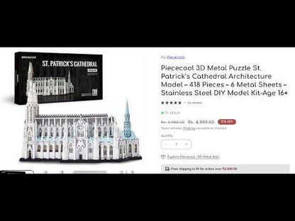 Piececool 3D Metal Puzzle St. Patrick’s Cathedral Architecture Model – 418 Pieces – 6 Metal Sheets – Stainless Steel DIY Model Kit-Age 16+