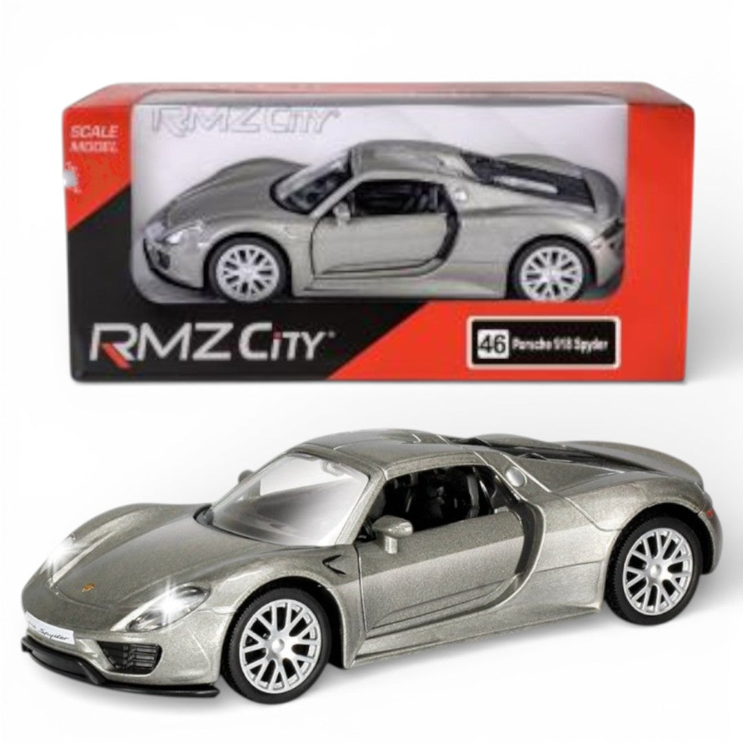 RMZ City Porsche 918 Spyder 1:36 Die-Cast Hypercar | Pull Back & Go | Openable Doors | Red / Silver Grey