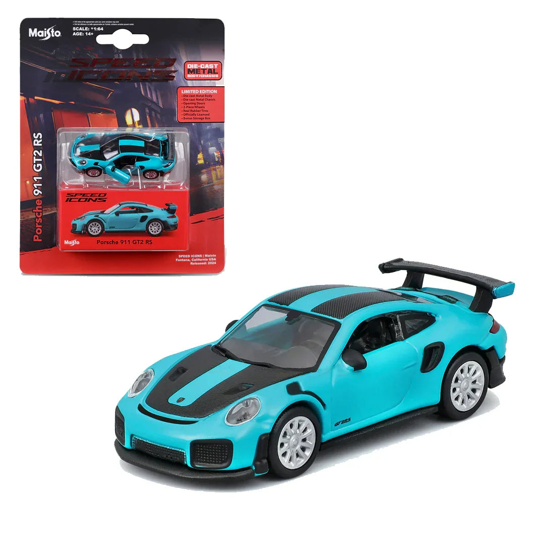 Maisto Porsche 911 GT2 RS Blue w/ Carbon Stripes – 1:64 Scale Speed Icons | Licensed Die‑Cast Supercar Model - Jaiman Toys